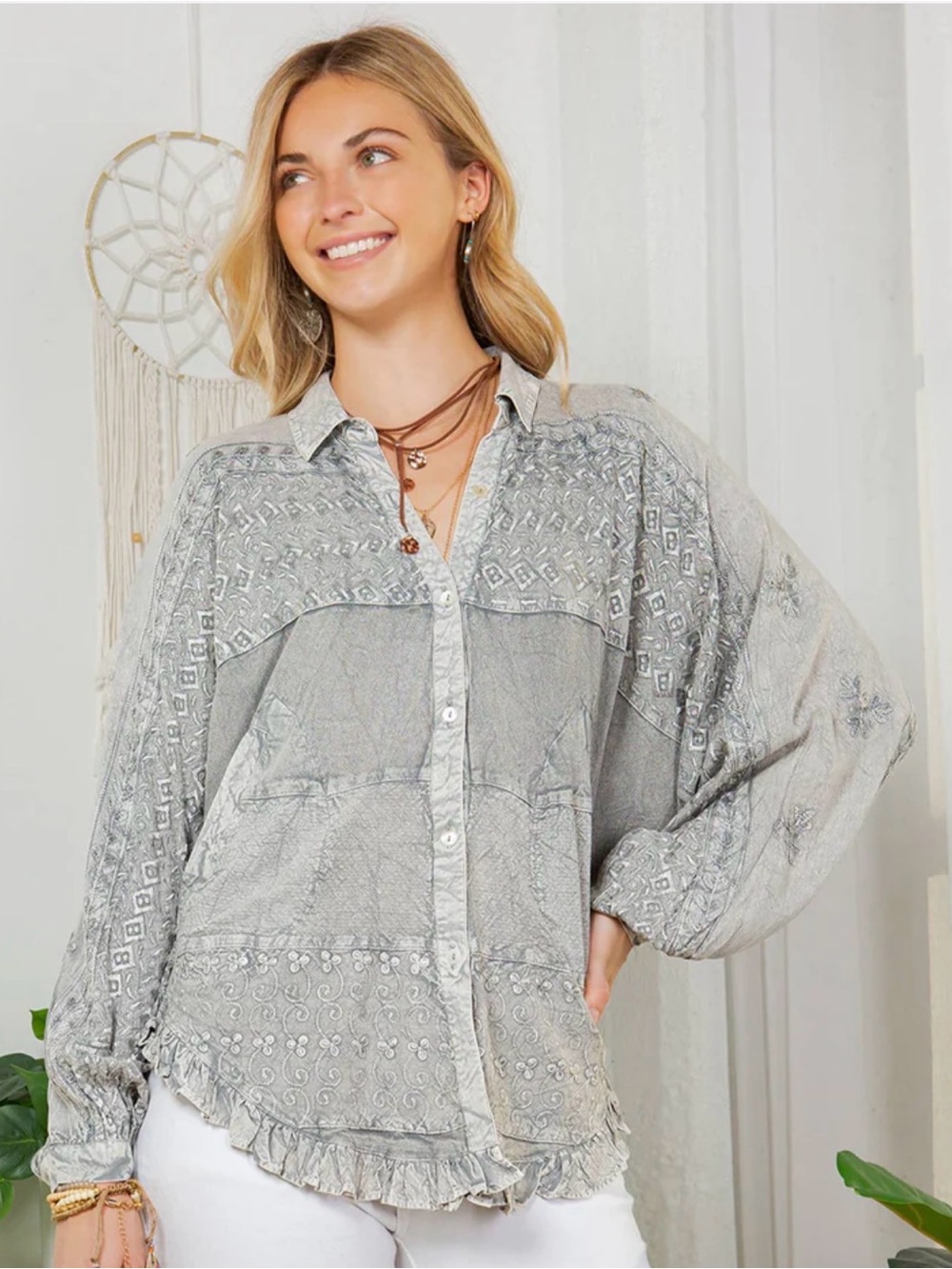 Elegant Gray Embroidered Button Down Shirt